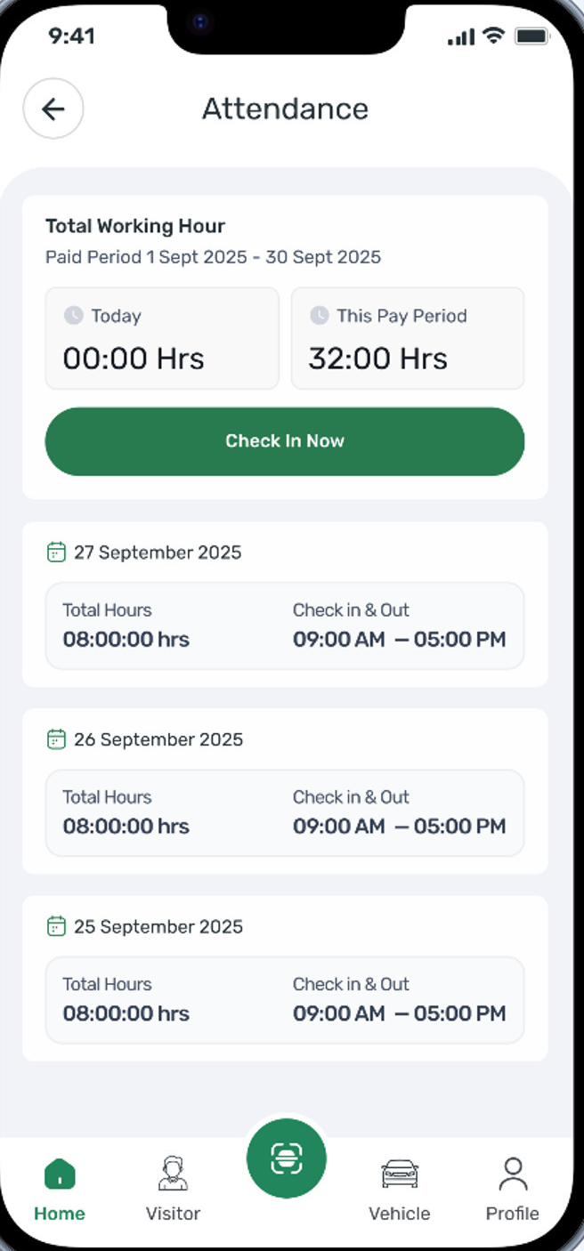Staff attendance in the Shengams staff app — check-in, working hours and daily log