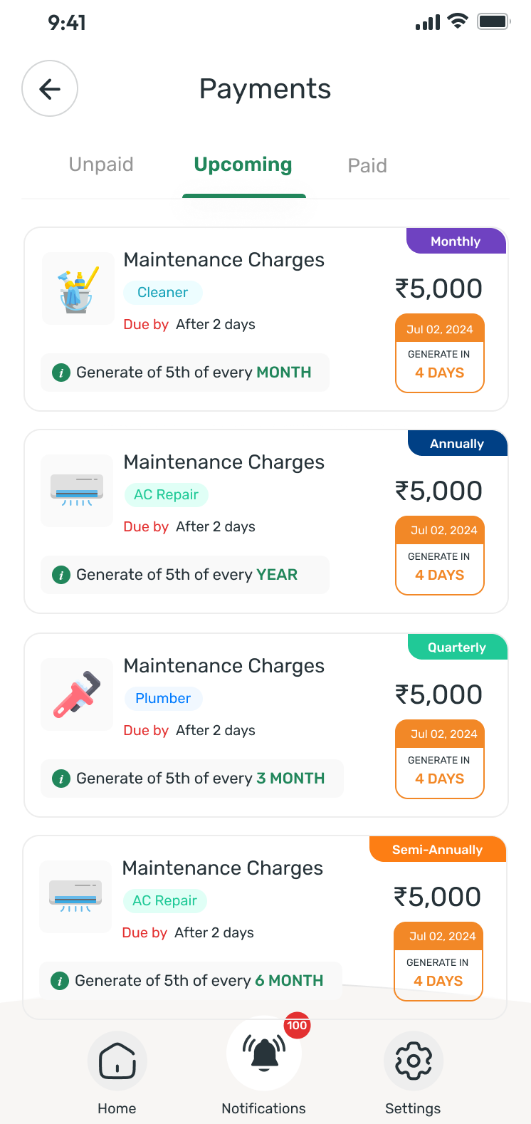 Upcoming maintenance charges in the resident app